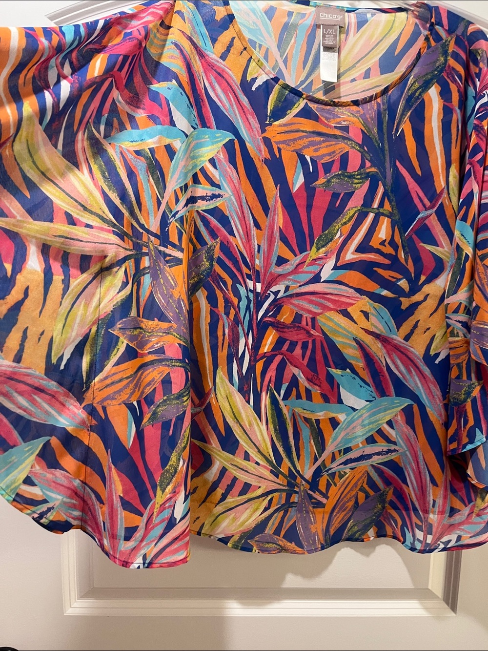 Chico's Multicolor Tropical Leaf Swim Cover-Up with Navy Base